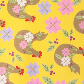 Preview: Bauwoll Druck Hühner mit Blüten auf Gelb von Happy Easter by Swafing 